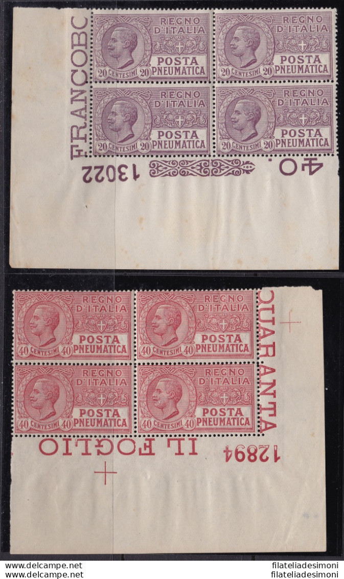 1925 Regno Di Italia, Posta Pneumatica 8/9 MNH/** BLOCCHI CON NUMERI DI TAVOLA, OTTIMA QUALITA' - Autres & Non Classés