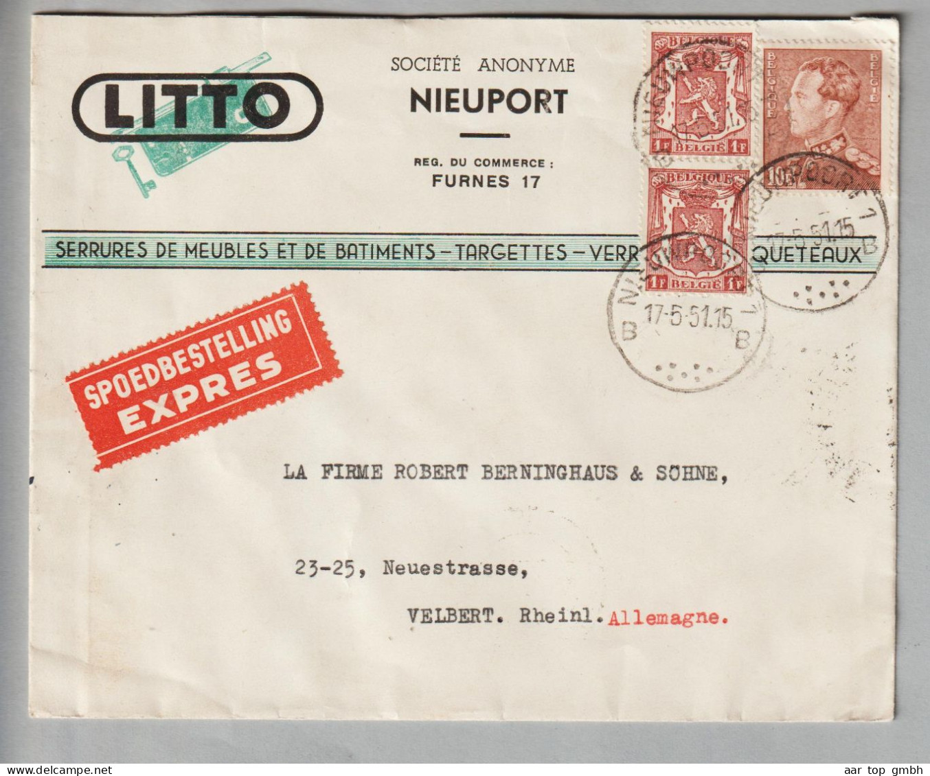 Belgien 1951-05-17 Nieuport Illustrierter Expressbrief Nach Velbert DE (12 BFR.) - Brieven En Documenten