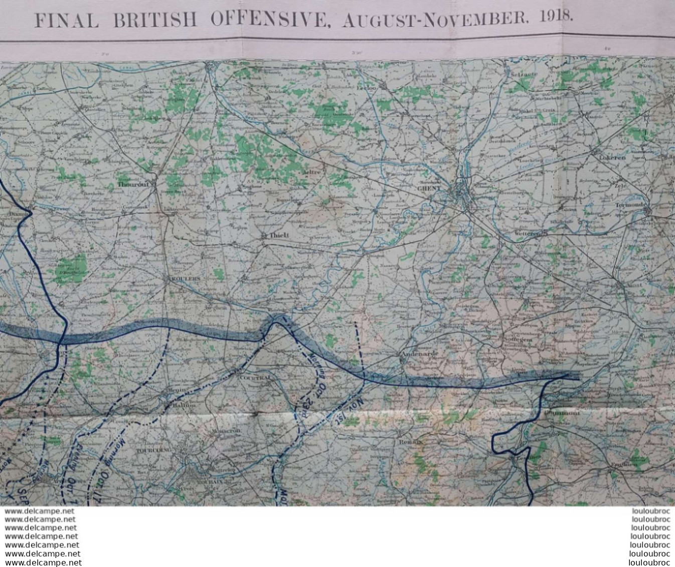 RARE CARTE FINAL BRITISH OFFENSIVE AUGUST-NOVEMBER 1918 NORD DE LA FRANCE  84 X 70 CM SURVEY 1919 TOILEE - 1914-18