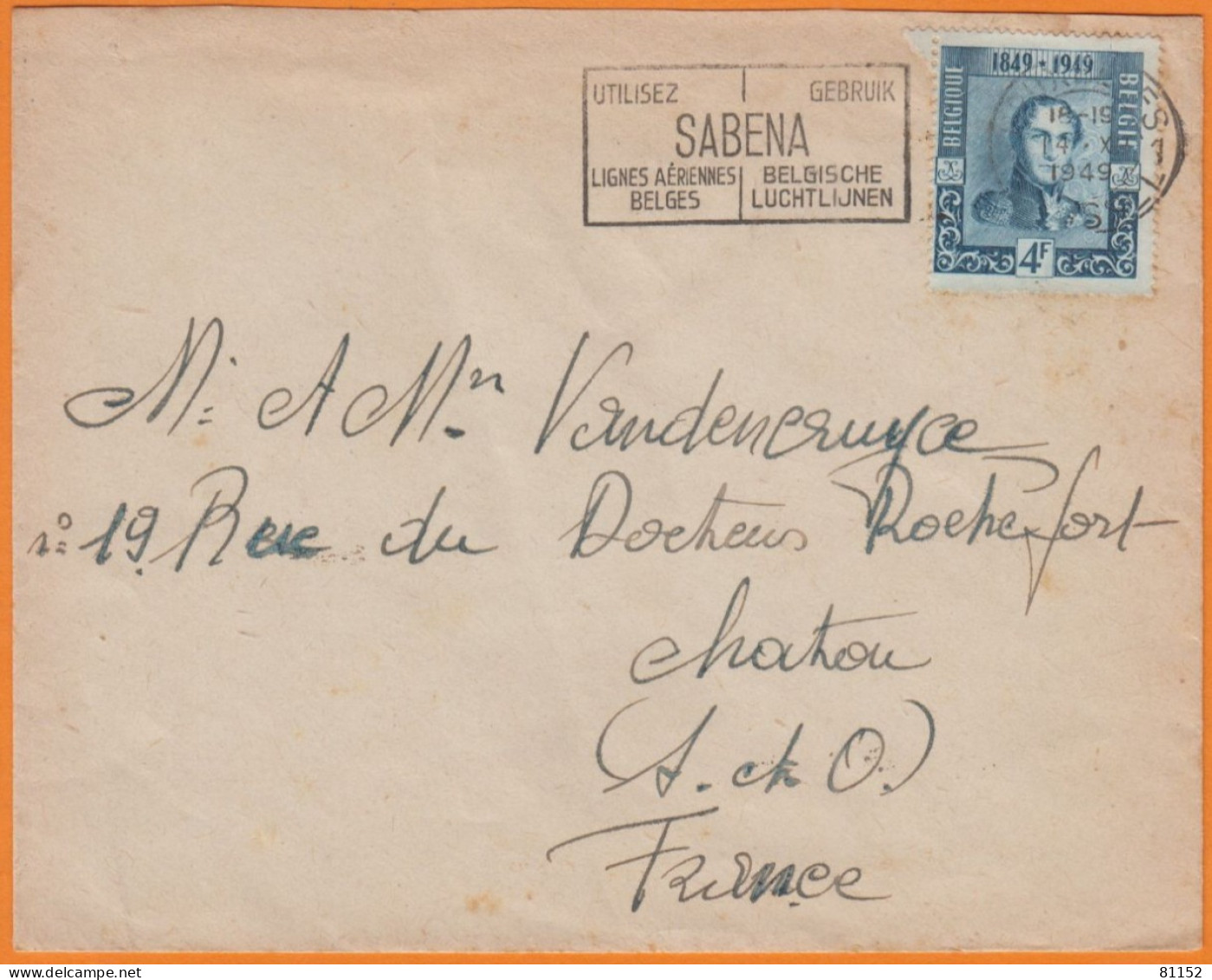 Belgique  4F Bleu Y.et.T.810 SEUL Sur Lettre   1949 Pour  CHATOU S.et.O. Avec Famme SABENA Lignes Aériennes - 1936-1951 Poortman