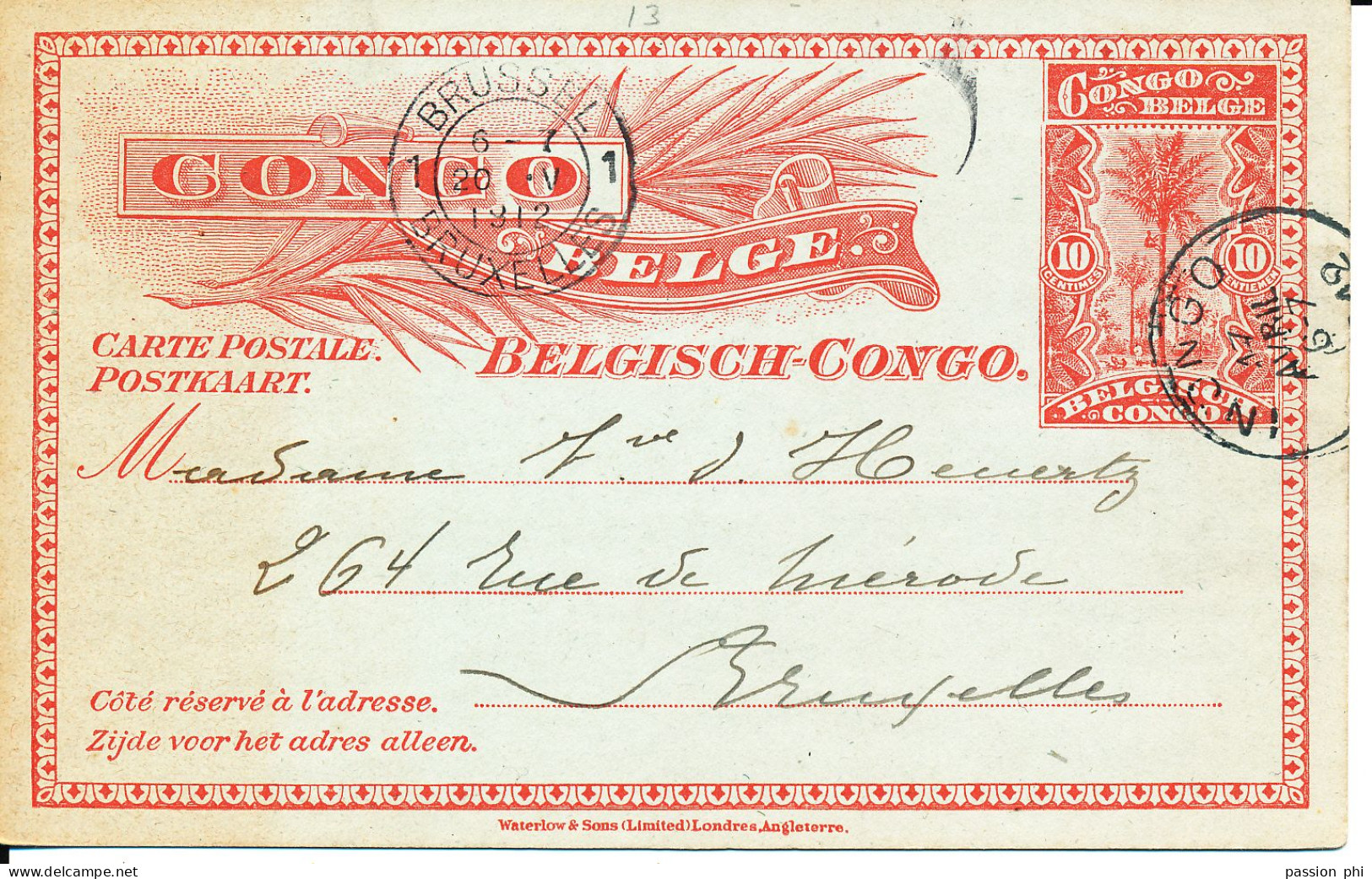 BELGIAN CONGO  PS SBEP 40 FROM INONGO 1912 TO BRUSSELS - Ganzsachen