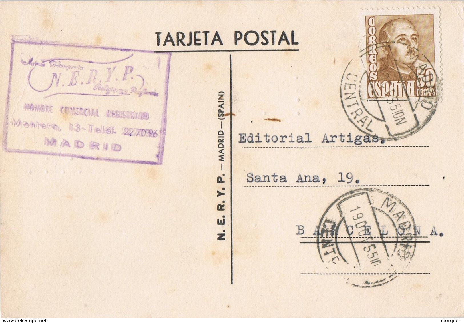 55012. Tarjeta Comercial MADRID 1955. Corre Central. - Comercial Papeleria - Lettres & Documents