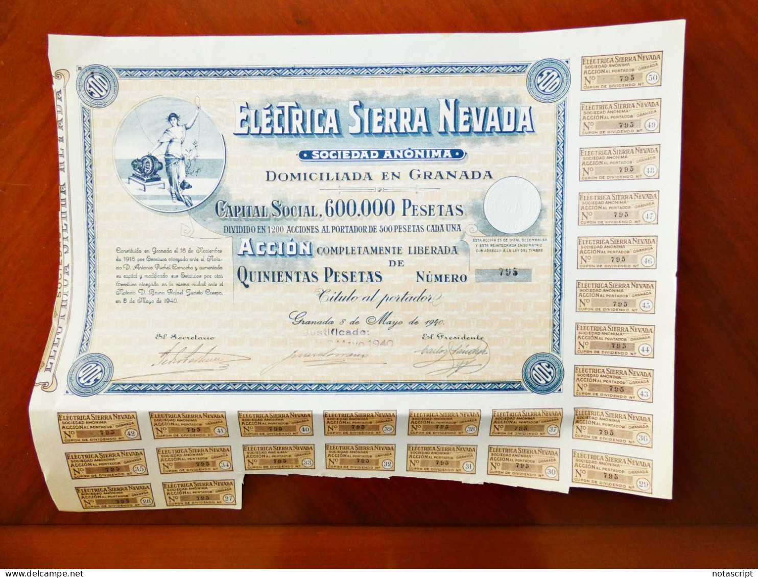 Eléctrica Sierra Nevada SA ,Granada ,Spain 1940 Share Certificate - Electricidad & Gas