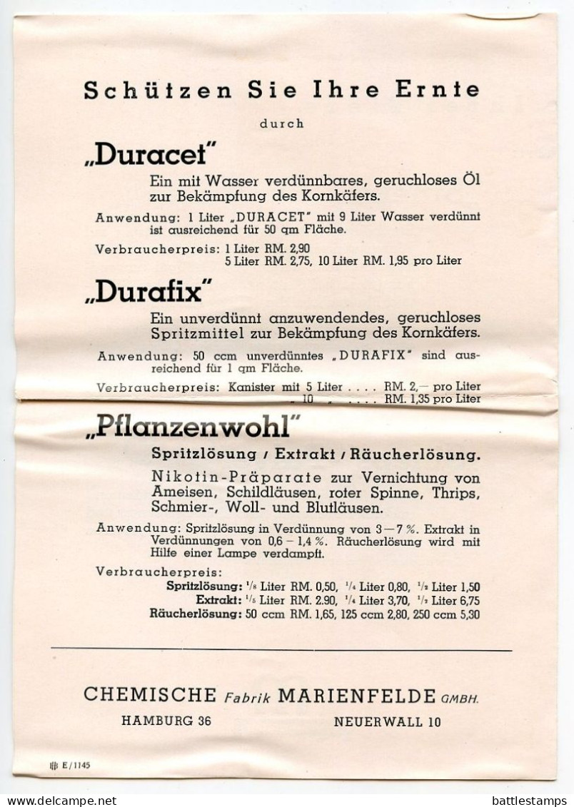 Germany 1941 Cover w/ Letter & Ad Pamphlet (Pest Control); Hamburg - Chemische Fabrik Marienfelde; 8pf. Meter w/ Slogan