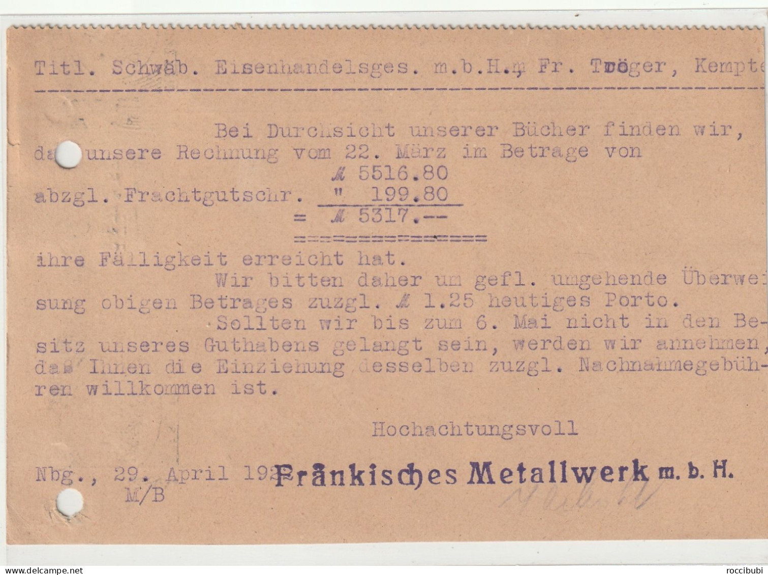 Drucksache Von Nürnberg Nach Kempten 1922 - Postkarten