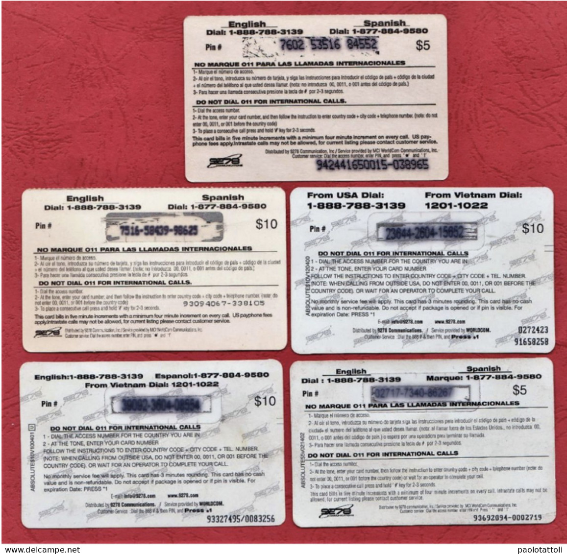 USA- S278- Absolute Phone Cards- International Prepaid Phone Cards Used By 5 & 10 Dollars- Lot Of Five Cards- - Sonstige & Ohne Zuordnung