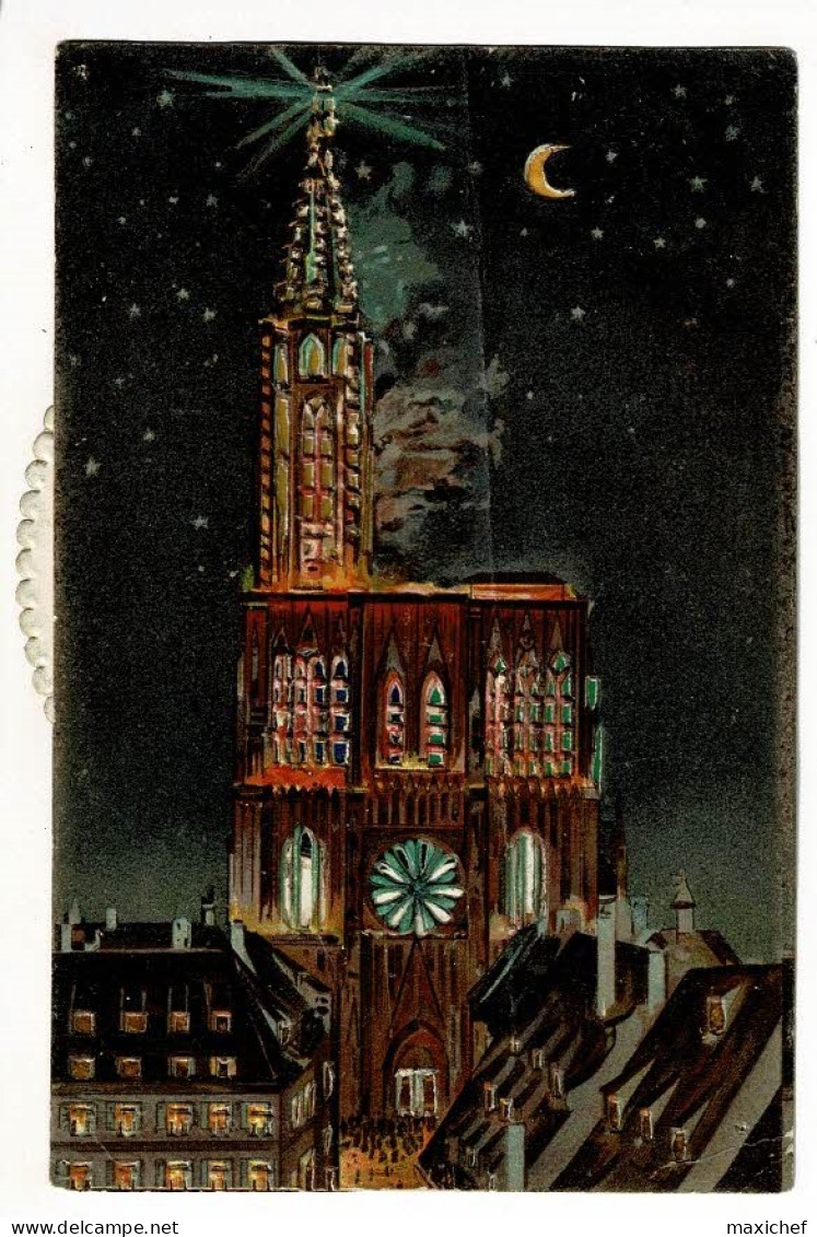 Carte Illustrée Strasbourg, Cathédrale De Nuit, Croissant De Lune, Roue Modifiant Le Fond Lumineux (bleu, Jaune, Rouge) - Tegenlichtkaarten, Hold To Light