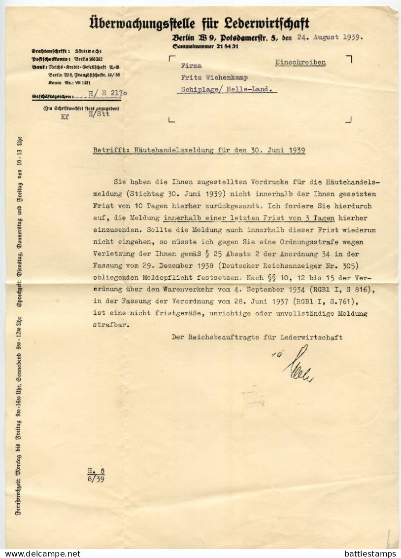 Germany 1939 Registered Cover & Letter; Berlin - Überwachungsstelle Für Lederwirtschaft; 42pf. Meter With Slogan - Machines à Affranchir (EMA)