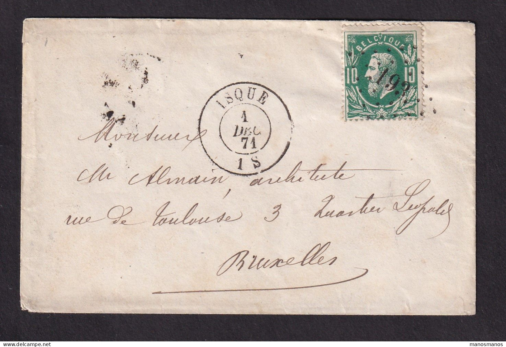 208/41 - Enveloppe TP 30 Losange De Points 193 (TB Frappe) ISQUE 1871 Vers Bruxelles - COBA 35 EUR Sur TP Détaché - 1869-1883 Léopold II