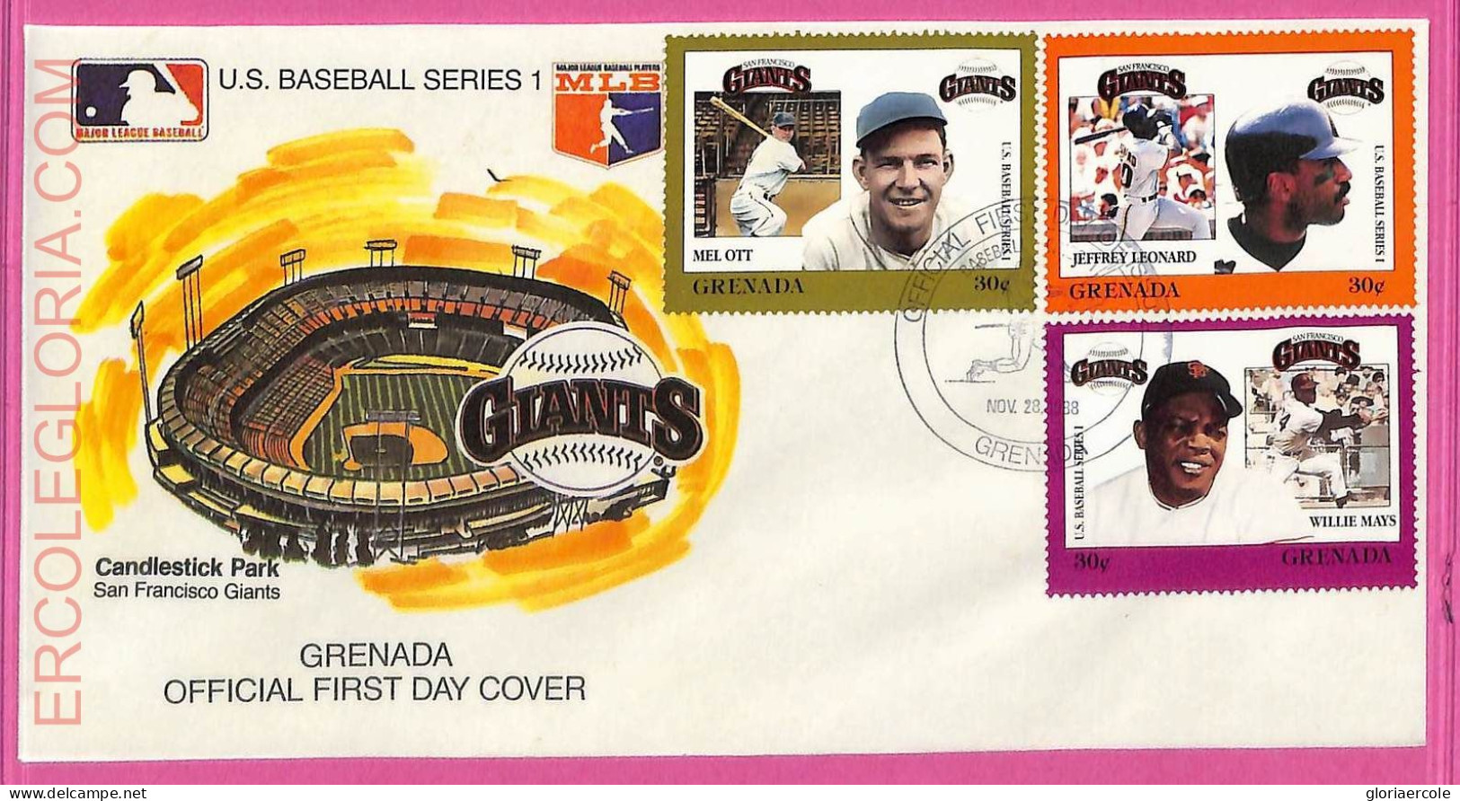 Ag1624 - GRENADA - Postal History - FDC COVER + Stamps On Card - 1988 BASEBALL - Baseball
