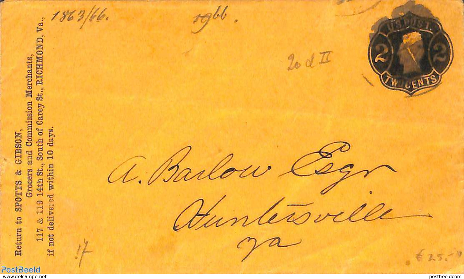 United States Of America 1866 Envelope 2c, Spotts & Gibson, Used Postal Stationary - Brieven En Documenten