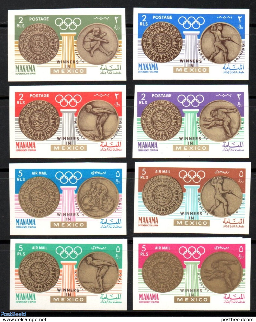 Manama 1968 Olympic Winners 8v Imperforated, Mint NH, Sport - Athletics - Cycling - Fencing - Olympic Games - Swimming - Athlétisme