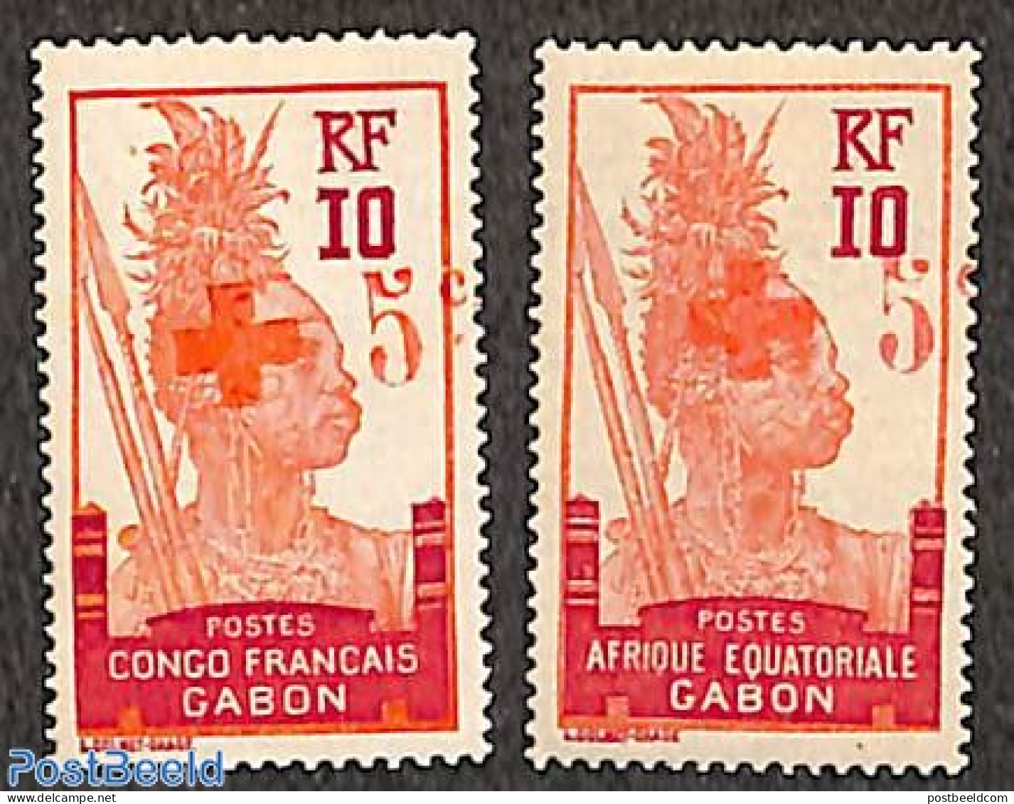 Gabon 1915 Red Cross Overprints 2v (2 Diff. Country Names On Basic Stamps), Unused (hinged), Health - Red Cross - Unused Stamps