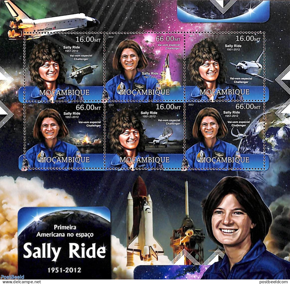 Mozambique 2012 Sally Ride 6v M/s, Mint NH, Transport - Space Exploration - Mozambique