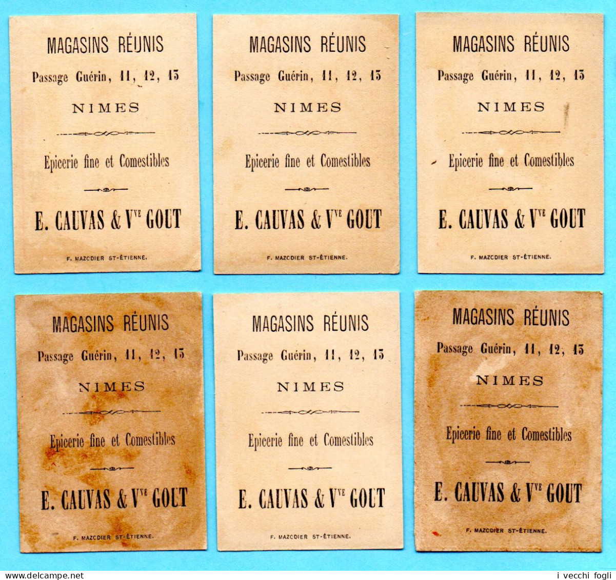 Lot De 6 Petites Chromos Magasins Réunis E. Cauvas. Pierrot Et Animaux. Fond Doré. - Thé & Café