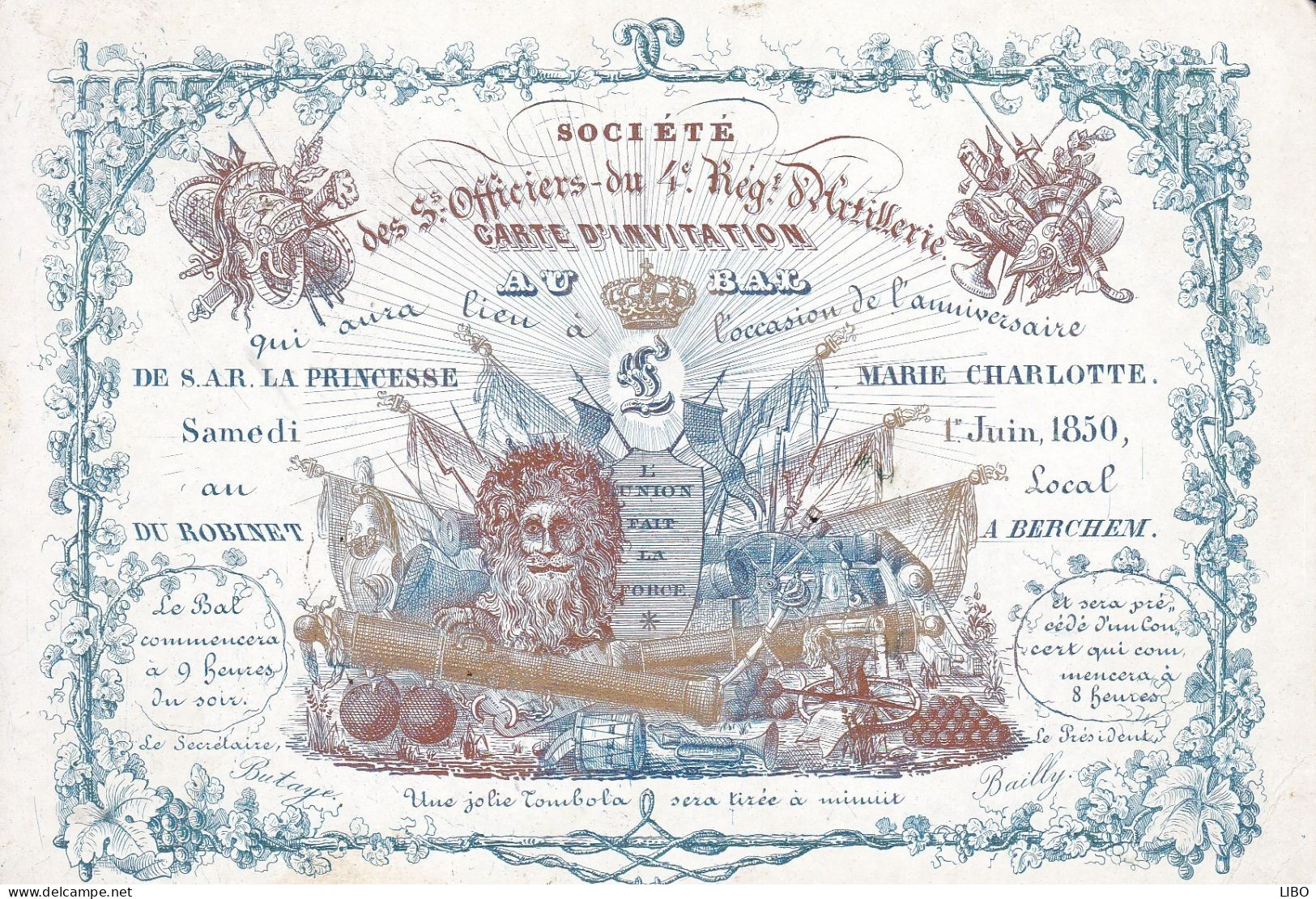 BRUXELLES Bal Pour La Princesse CHARLOTTE 1850 Invitation Par Sous-officiers 4e Régiment D'artillerie Famille Royale - Cartes Porcelaine