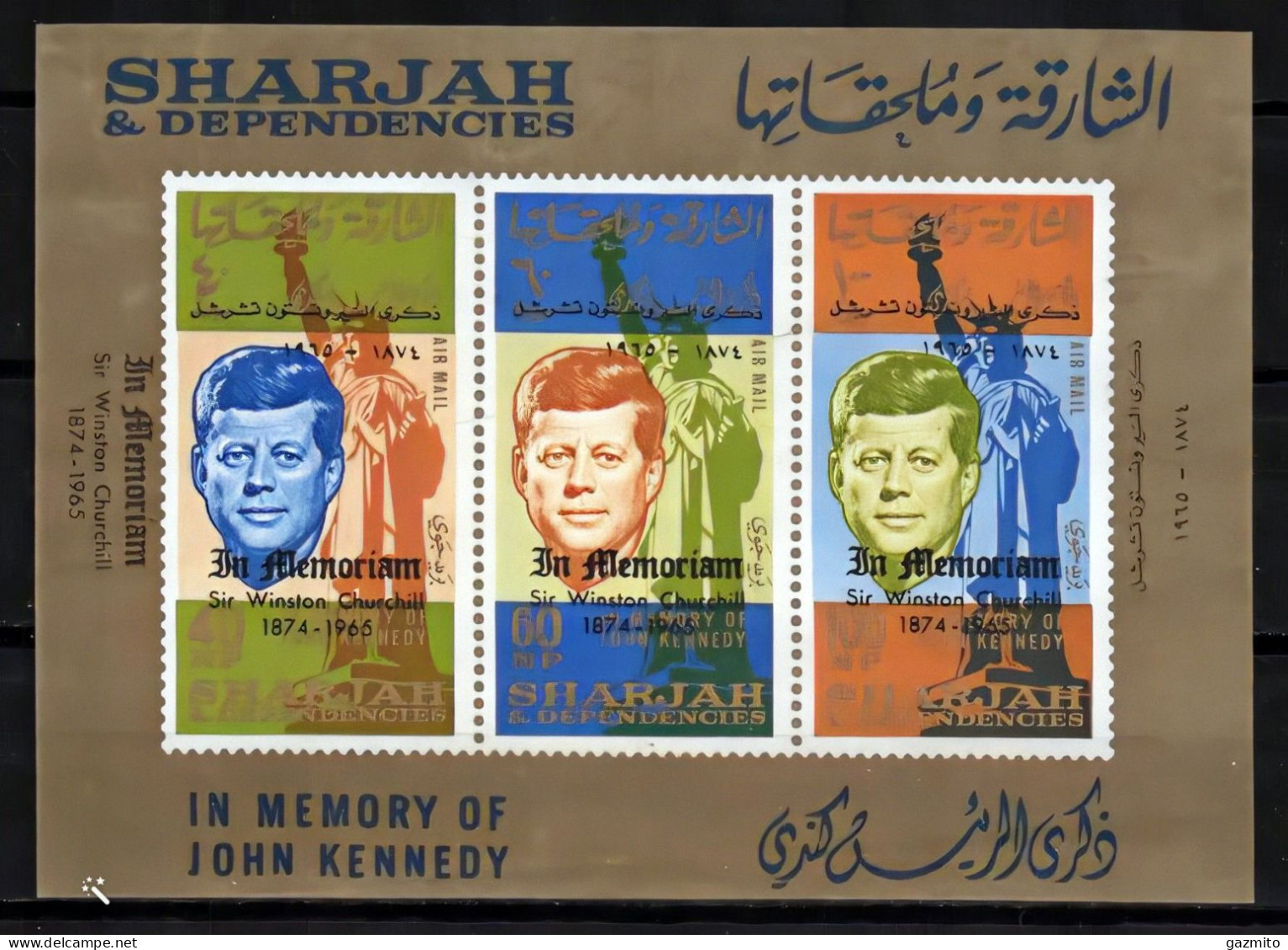 Sharjah 1964, Kennedy, Overp. Winston Churchill, 3val In Block - Kennedy (John F.)