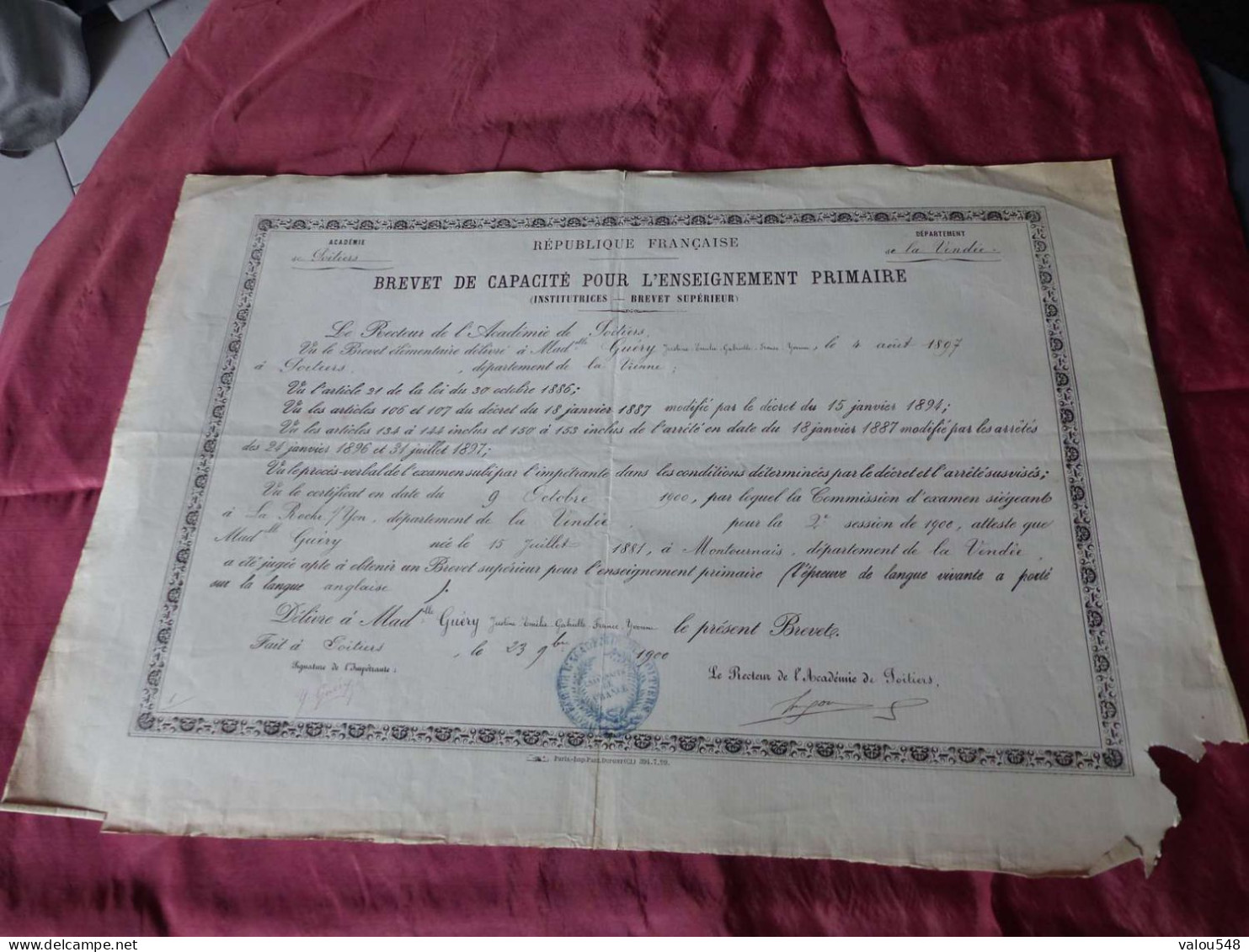 VP-4 , Diplôme ,Brevet De Capacité Pour L'enseignement Primaire, Institutrices, Académie De Poitiers , 23 Septembre 1900 - Diploma's En Schoolrapporten