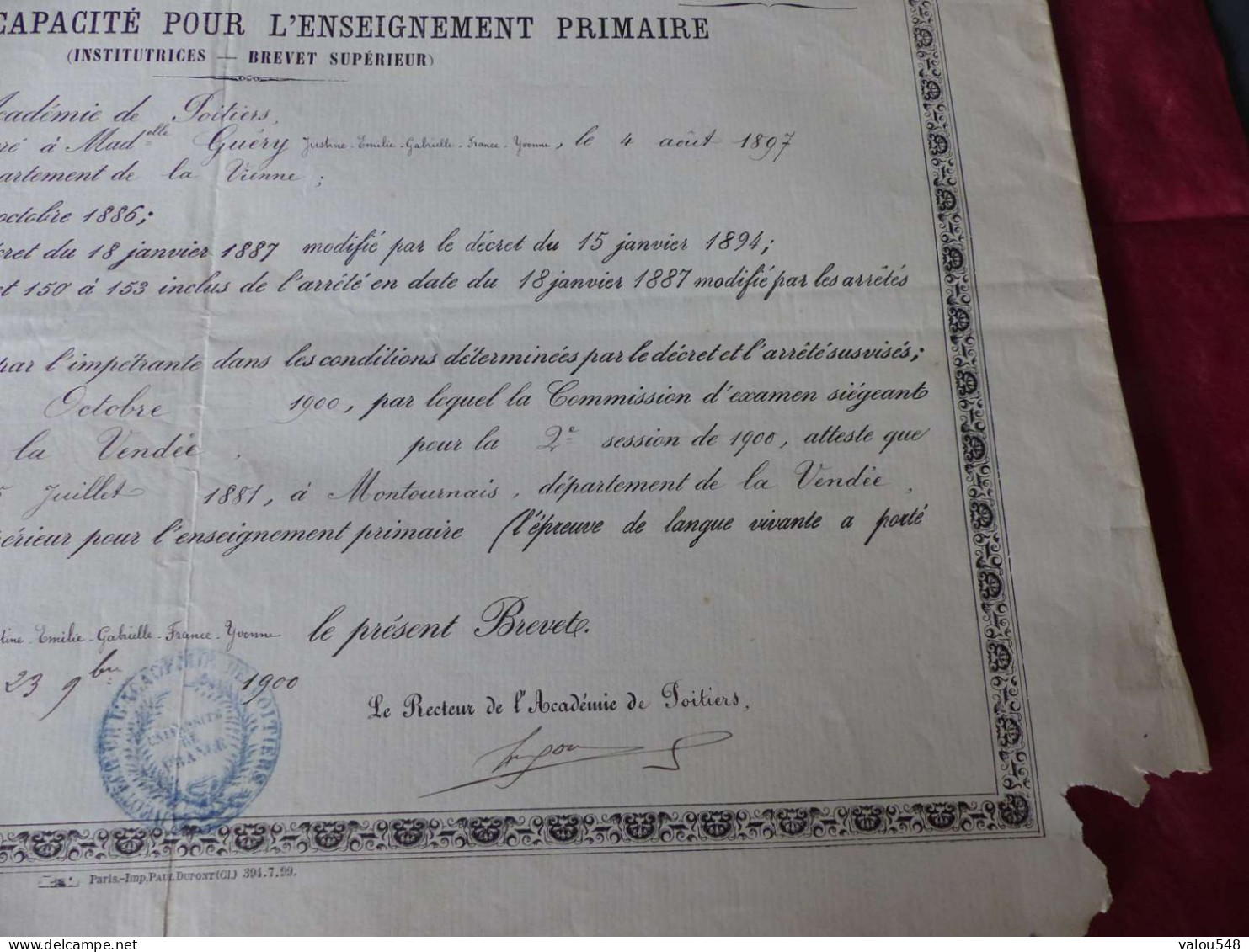 VP-4 , Diplôme ,Brevet De Capacité Pour L'enseignement Primaire, Institutrices, Académie De Poitiers , 23 Septembre 1900 - Diploma's En Schoolrapporten