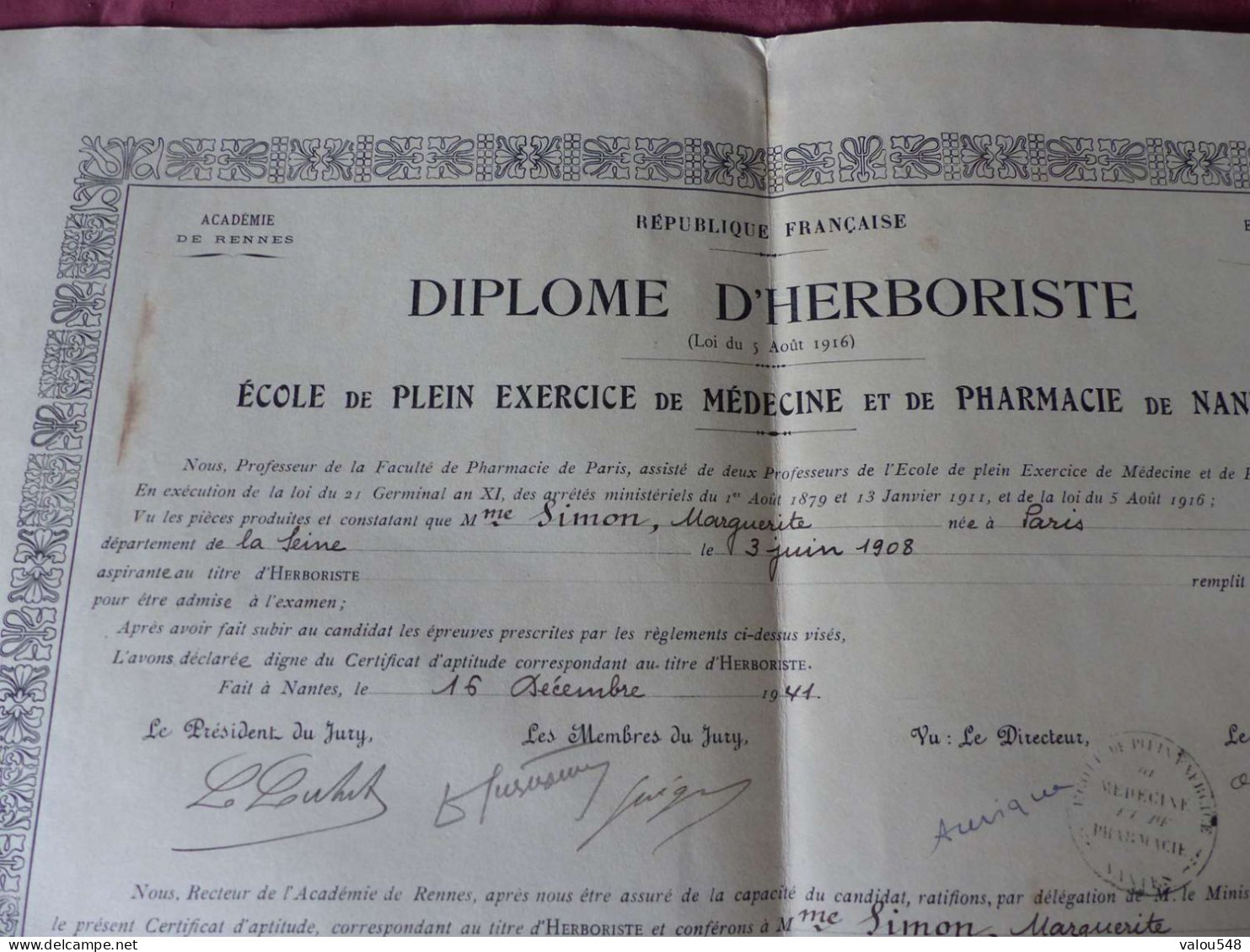 VP-10 , Diplôme D'herboriste , Ecole De Médecine Et De Pharmacie De Nantes, 3 Janvier 1942 - Diploma's En Schoolrapporten