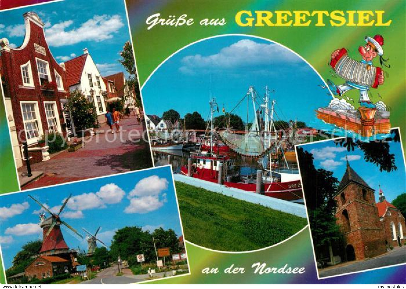 73293556 Greetsiel Ortsmotiv Windmuehlen Kirche Fischkutter Hafen Greetsiel - Krummhoern