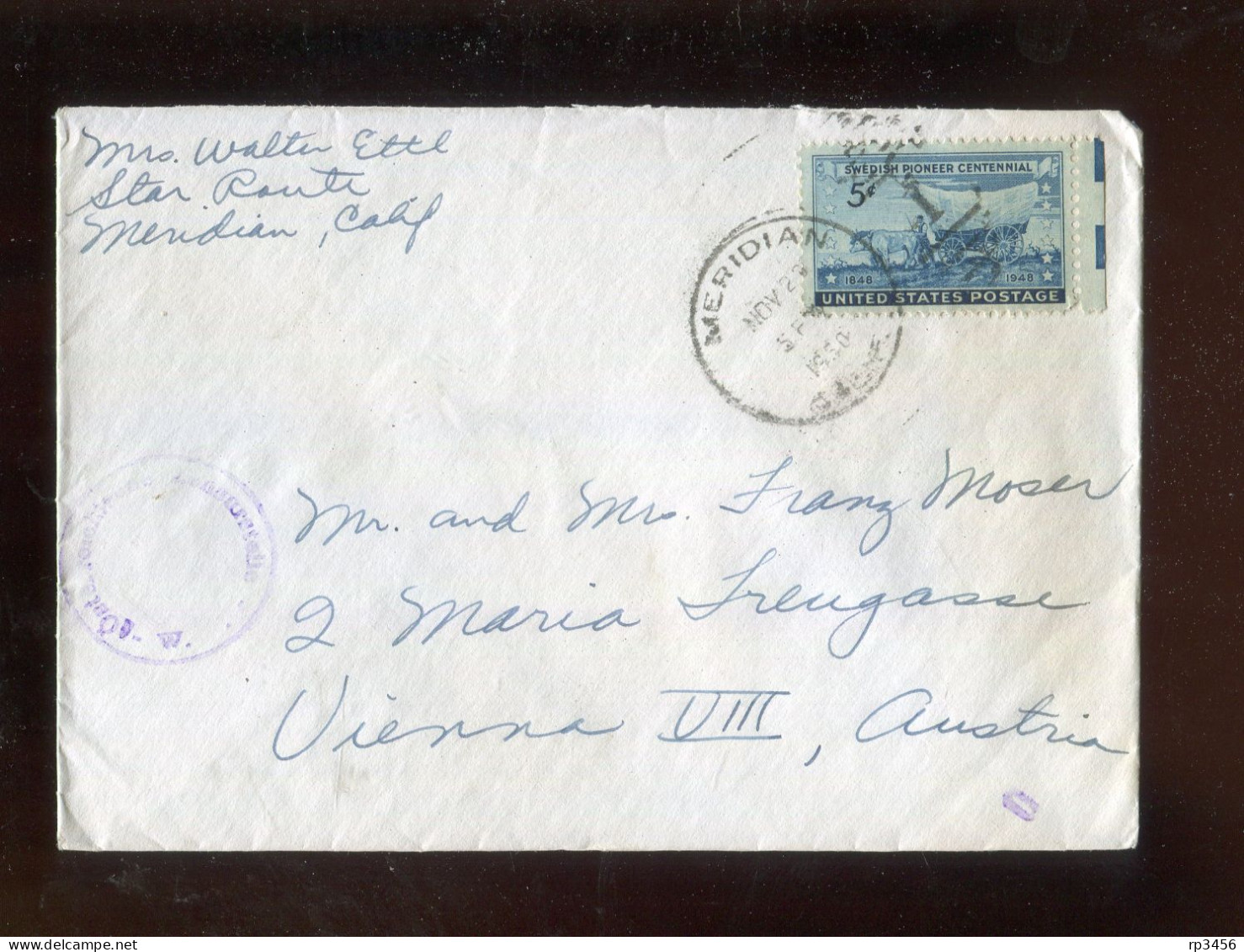 "USA" 1950, Brief Mit "ZENSUR" Ex Meridian Nach Wien, Rueckseits Vignettenpaar (R1216) - Lettres & Documents