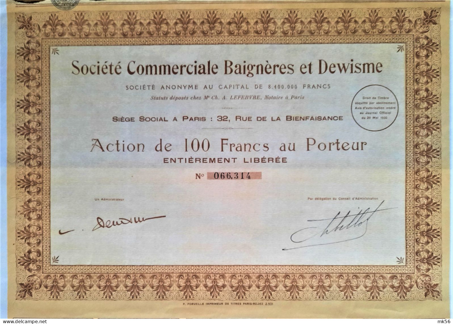 Société Commerciale Baignères Et Dewisme - Action De 100 Fr Au Porteur (Paris 1930) - Other & Unclassified