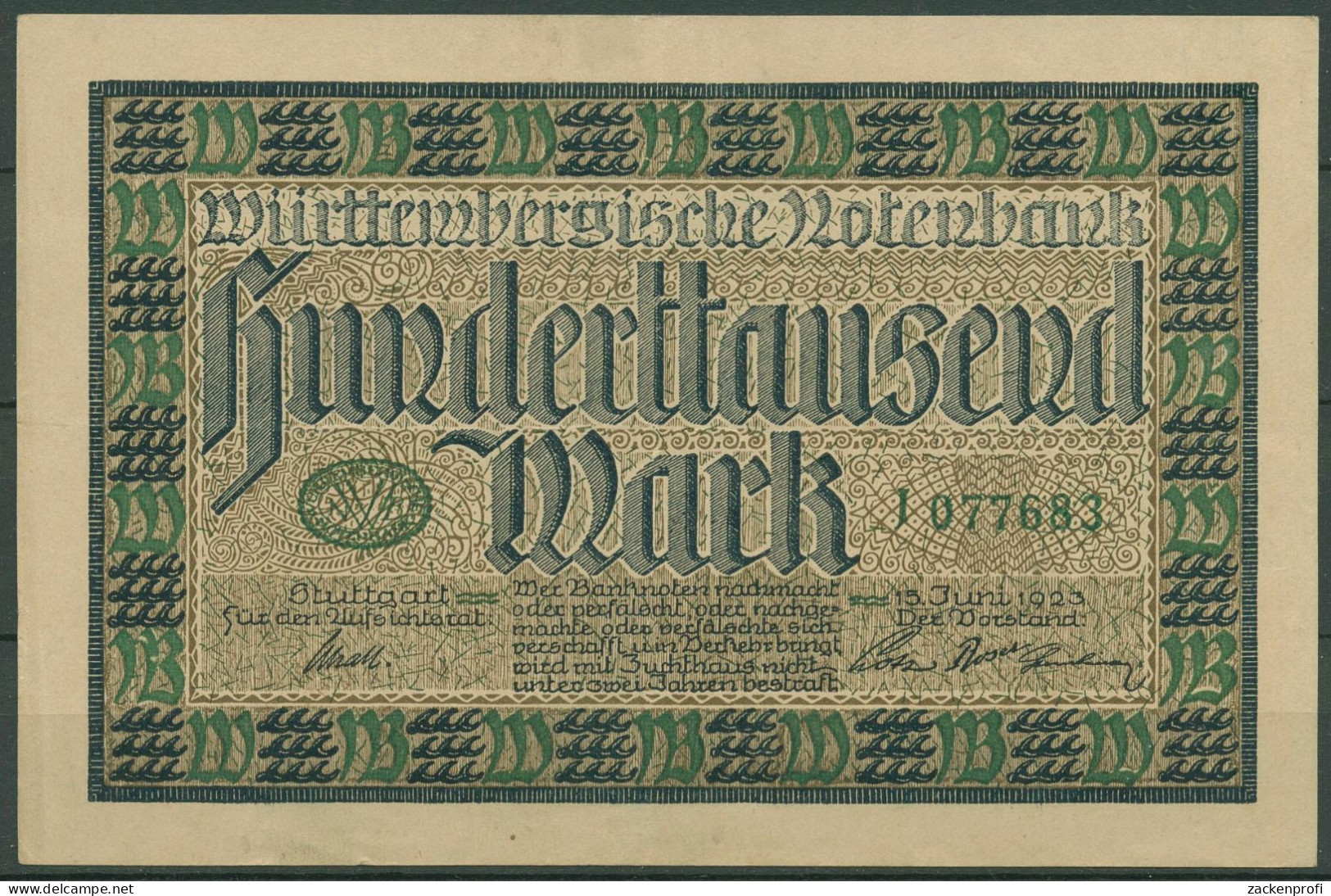 Württembergische Notenbank 100000 Mark 1923, WTB-16 Leicht Gebraucht (K1586) - Other & Unclassified