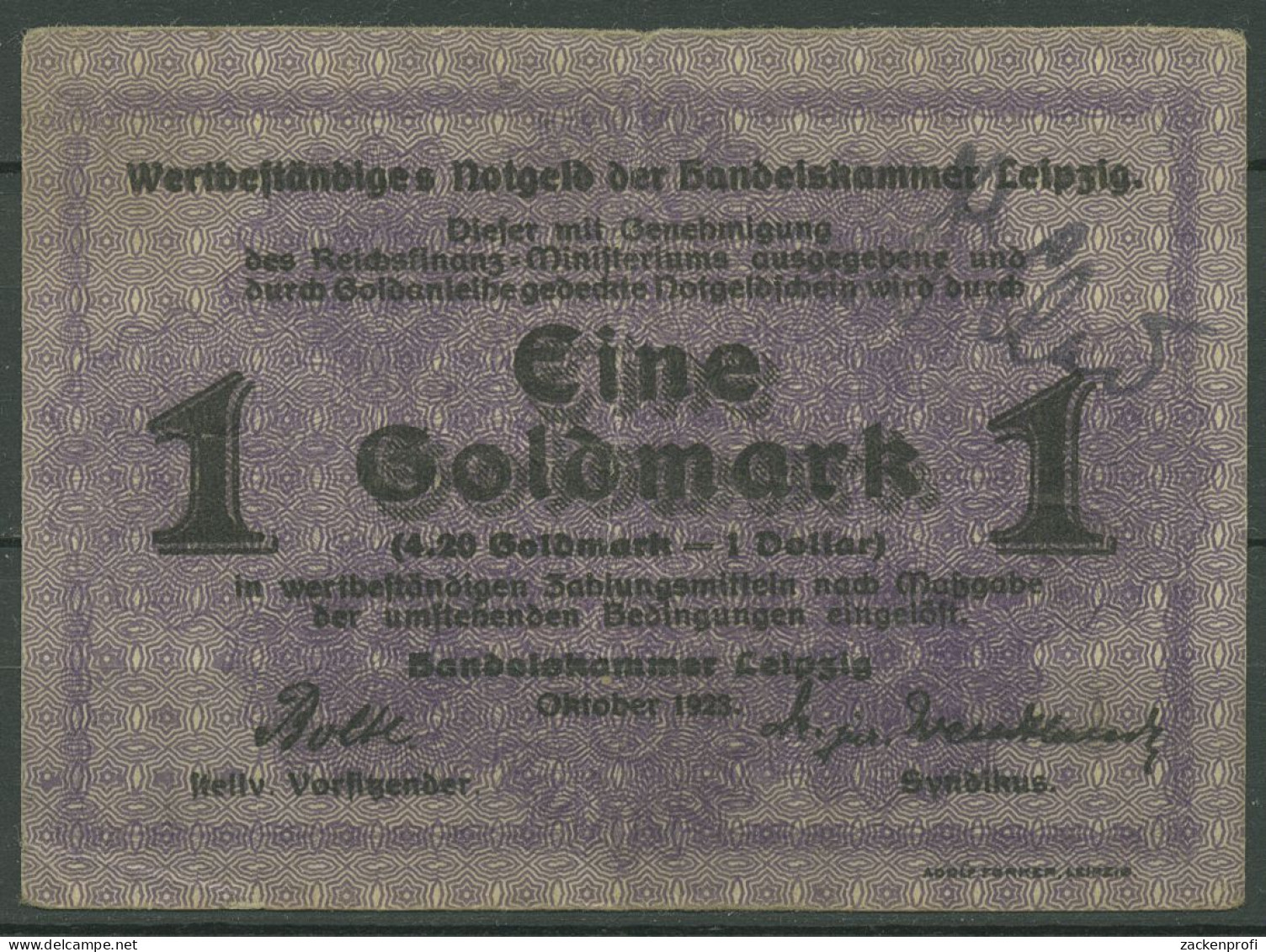 Leipzig Handelskammer 1 Goldmark 1923, Gebraucht (K1592) - Autres & Non Classés