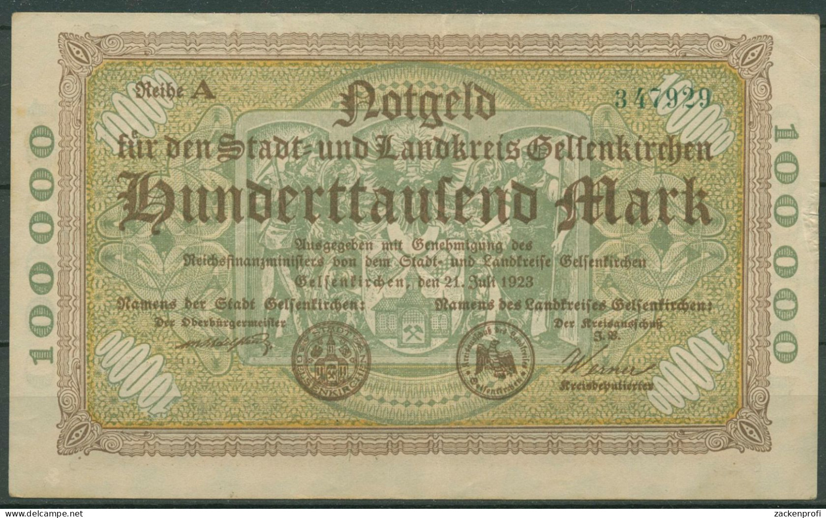 Gelsenkirchen 100000 Mark 1923, KN Grün, Keller 1710 A, Gebraucht (K1607) - Sonstige & Ohne Zuordnung