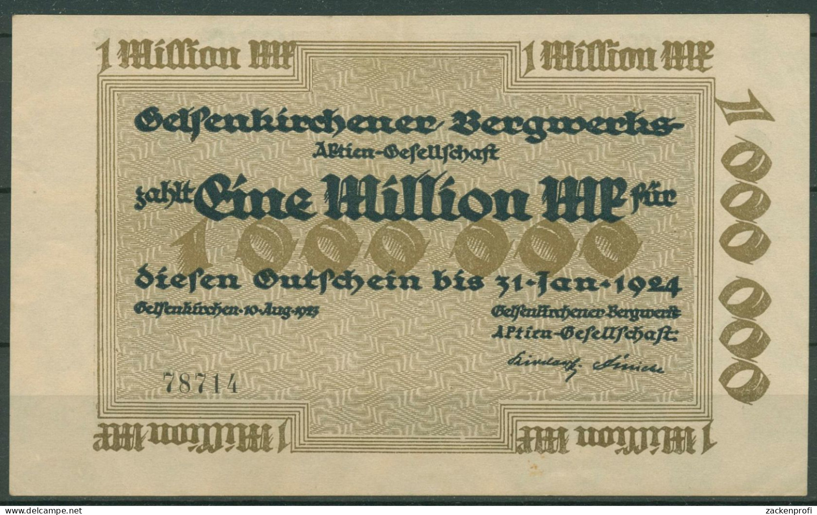 Gelsenkirchen Bergwerks-AG 1 Million Mark 1923, Keller 1711 A, Gebraucht (K1605) - Sonstige & Ohne Zuordnung