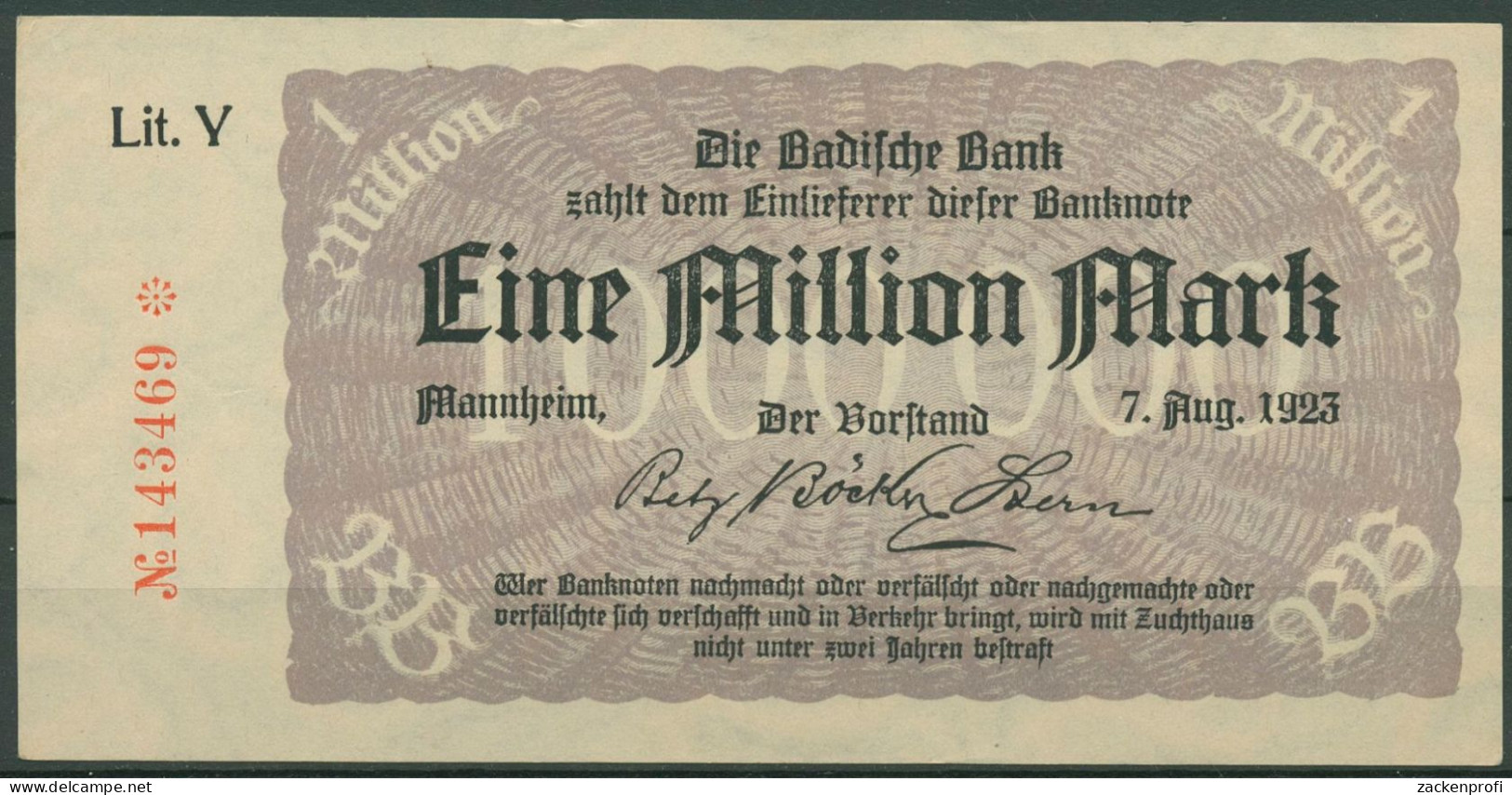 Badische Bank 1 Million Mark 1923 Lit. Y, BAD-11b. Leicht Gebraucht (K1577) - Autres & Non Classés