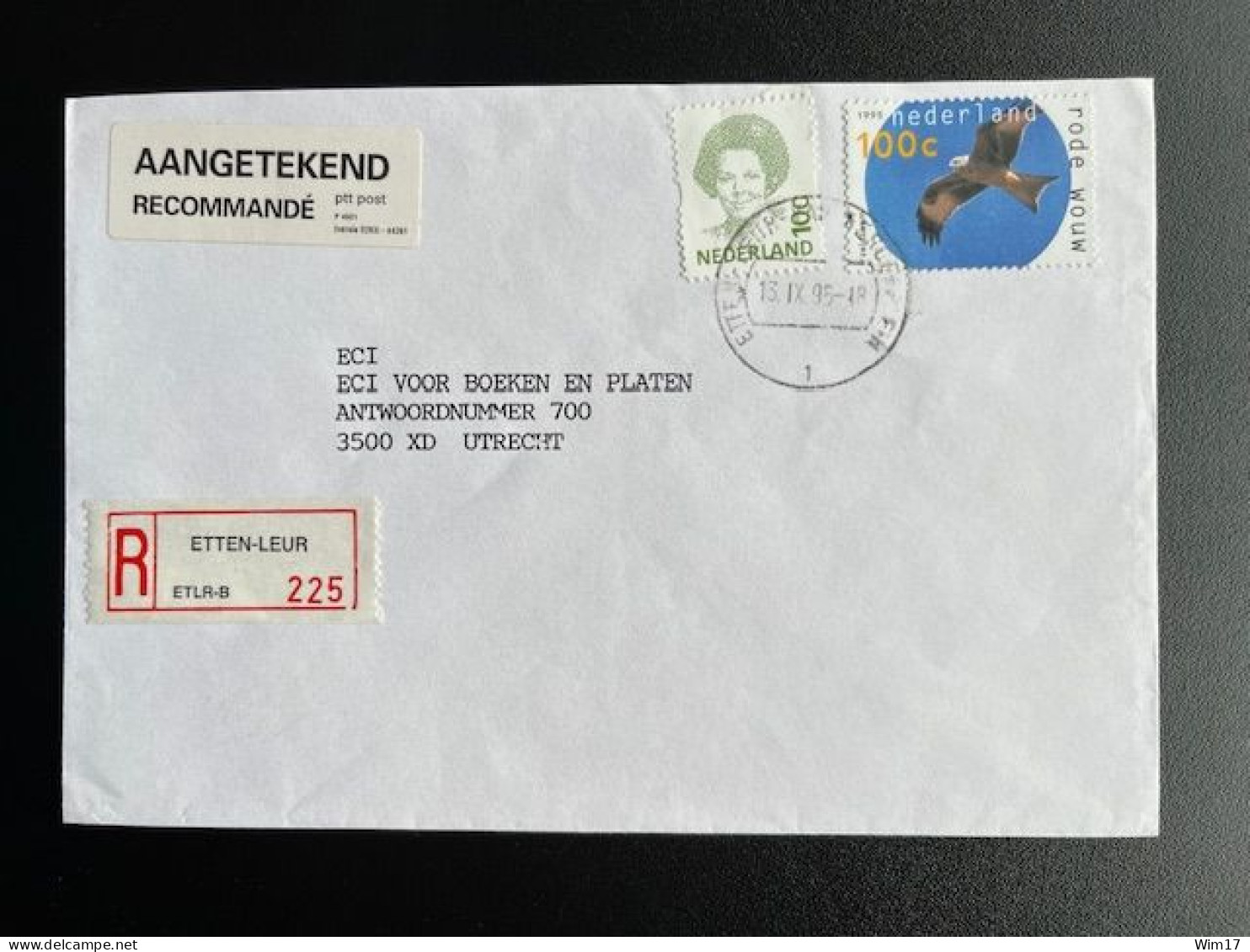 NETHERLANDS 1995 REGISTERED LETTER ETTEN LEUR TO UTRECHT 13-09-1995 NEDERLAND AANGETEKEND - Briefe U. Dokumente