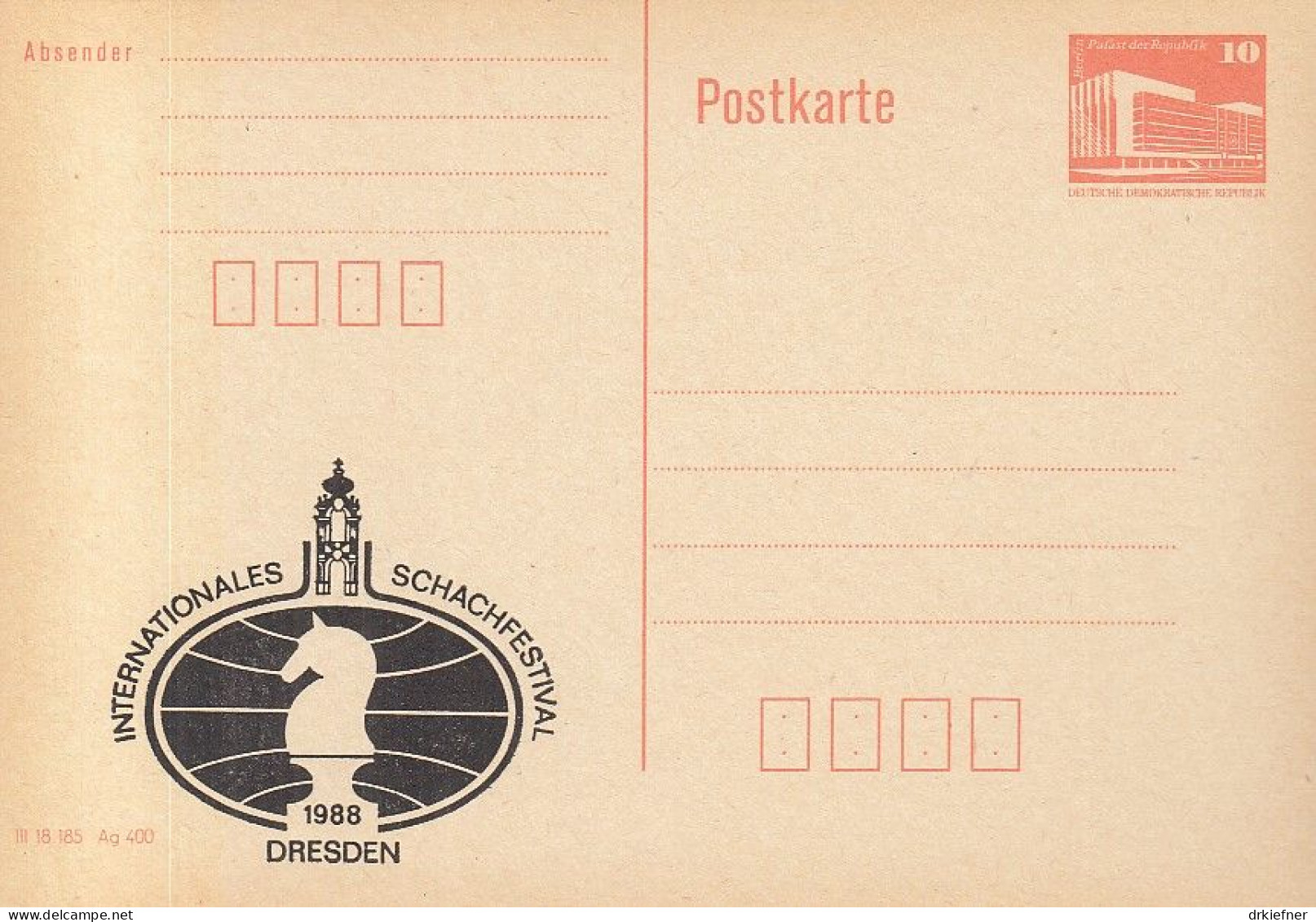 DDR PP 19 II, Ungebraucht, Int. Schach-Festival Dresden, 1988 - Privatpostkarten - Ungebraucht