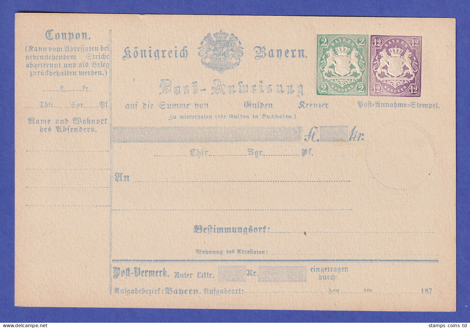 Bayern Ganzsache Postanweisung Mi.-Nr. A10 Postfrisch ** - Postal  Stationery