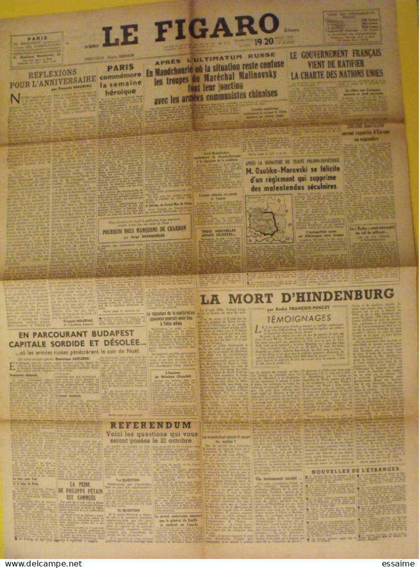 6 N° Le Figaro De 1945. Japon Chine Nankin Patton Churchill De Gaulle Pétain Japon Tanger Maroc Indochine Syrie Leclerc - Andere & Zonder Classificatie