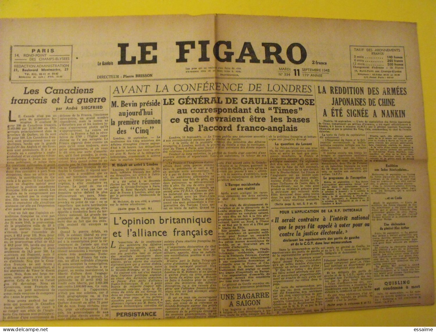 6 n° Le Figaro de 1945. Japon Chine Nankin Patton Churchill De Gaulle Pétain Japon Tanger Maroc Indochine Syrie Leclerc