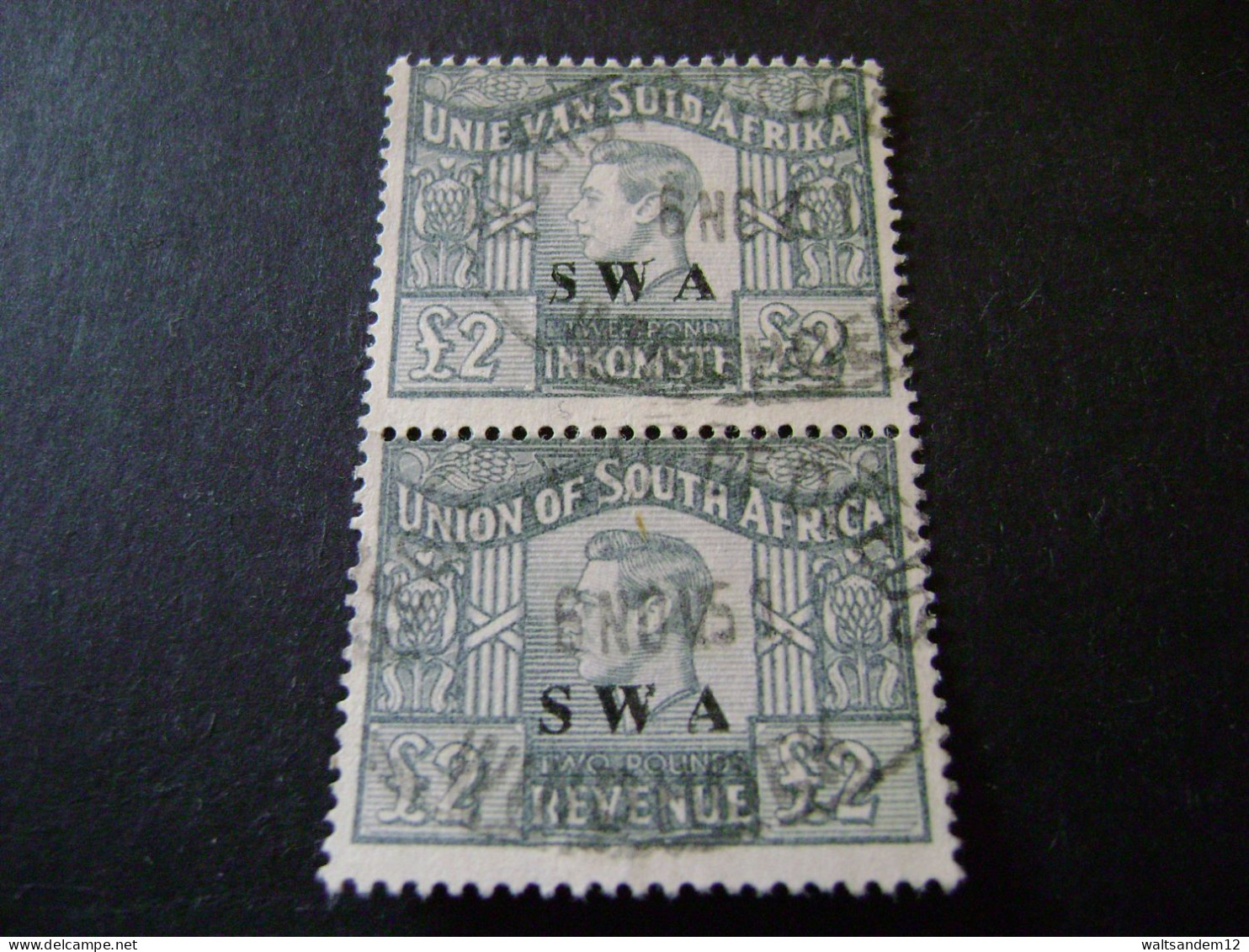 South West Africa 1946 £2 Grey Bilingual Vertical Pair - Used Revenues - South West Africa (1923-1990)