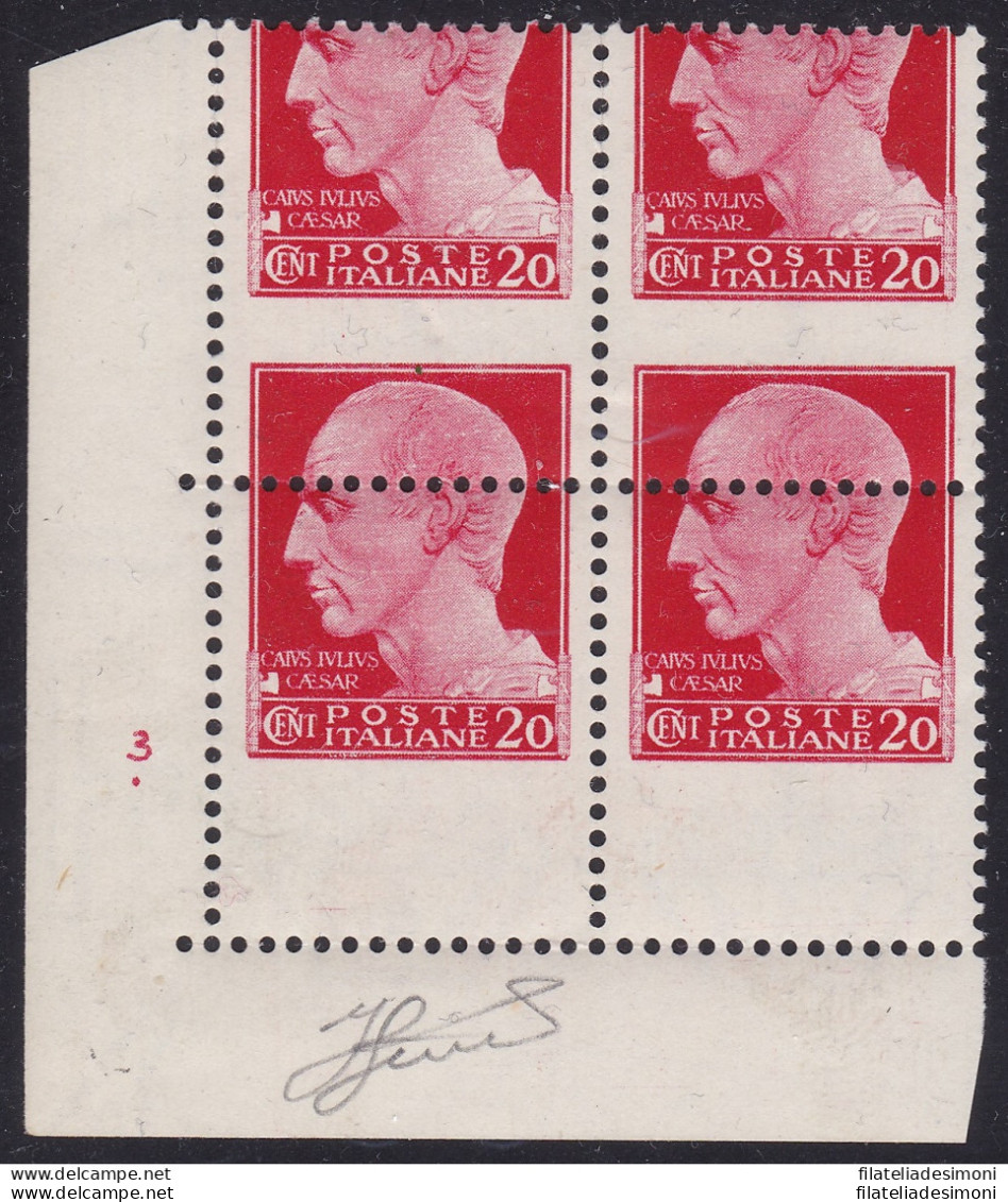 1929 Regno Di Italia, N. 247f Imperiale MNH/** VARIETA' QUARTINA Con NUMERO DI TAVOLA E Sovrastampa Fortemente Spostata - Autres & Non Classés