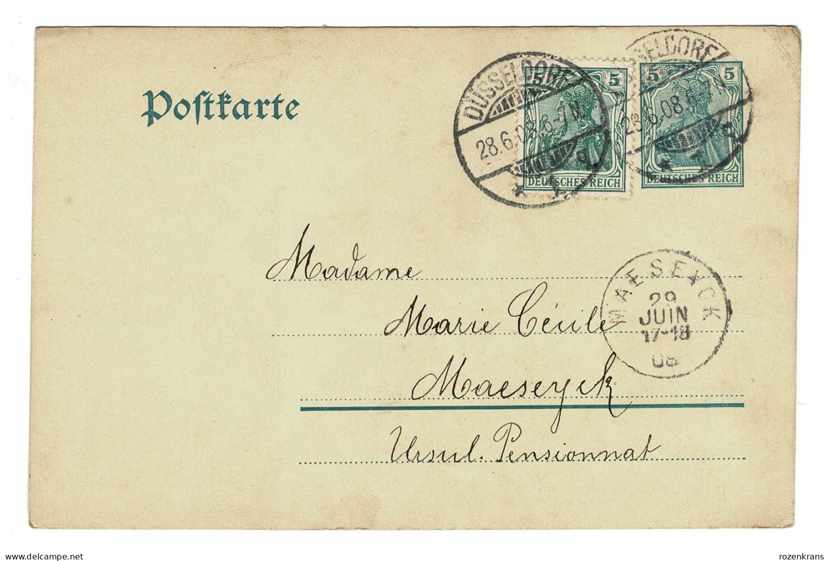 EP E.P. Entier Postale Ganzsache DEUTSCHES REICH Kartenbrief 1908 Dusseldorf Postwaardestuk Naar Maeseyck Ursulinen - Tarjetas