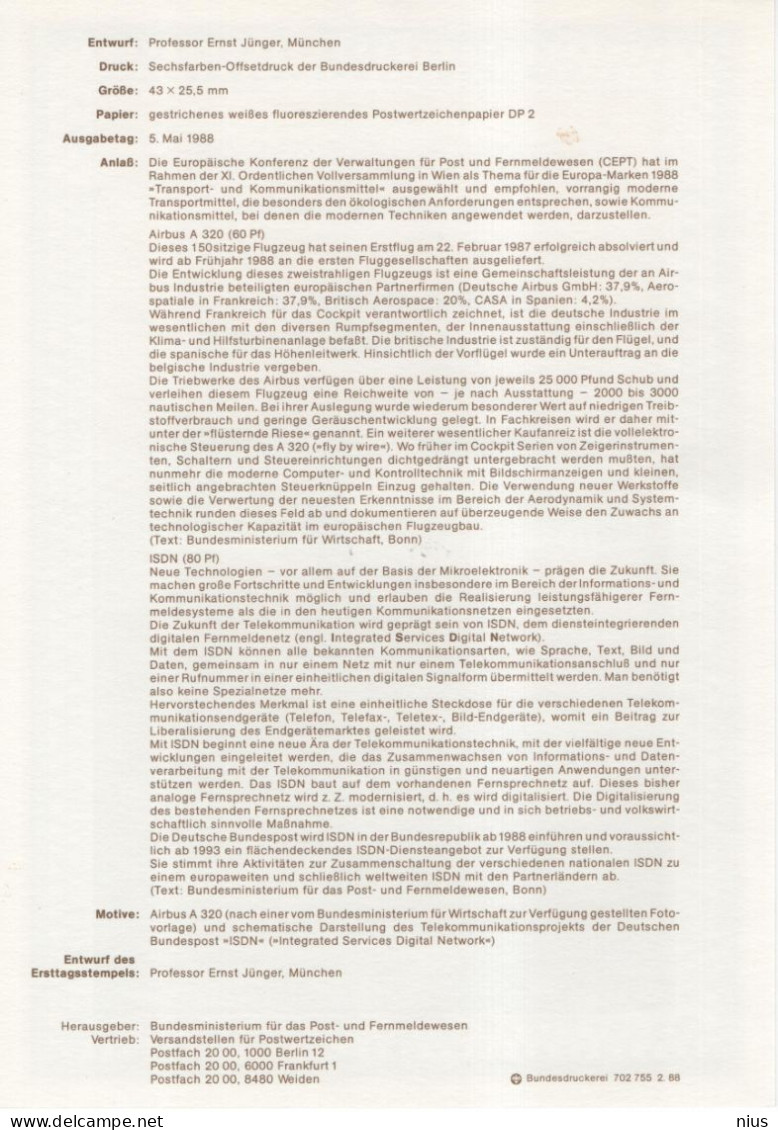 Germany Deutschland 1988-14 Europa-Marken CEPT, Airbus A 320 Plane Aviation, ISDN, France Spain Belgium UK, Bonn - 1981-1990
