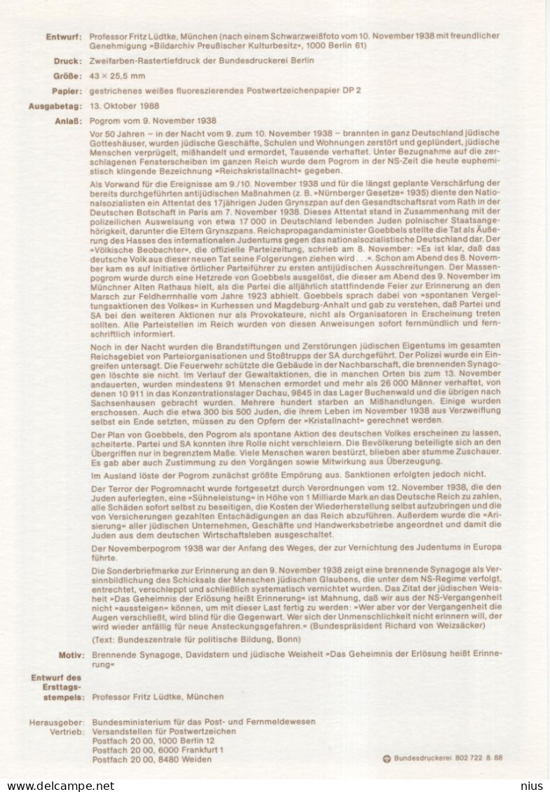 Germany Deutschland 1988-29 Pogrom Vom 9. November 1938, Das Geheimnis Der Erlosung Heist Erinnerung, Canceled In Bonn - 1981-1990