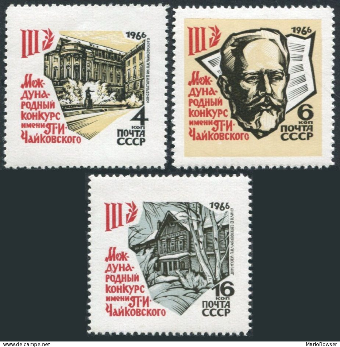 Russia 3207-3209, MNH. Mi 3218-3220. Tchaikovsky Contest, Moscow 1966. Monuments - Neufs