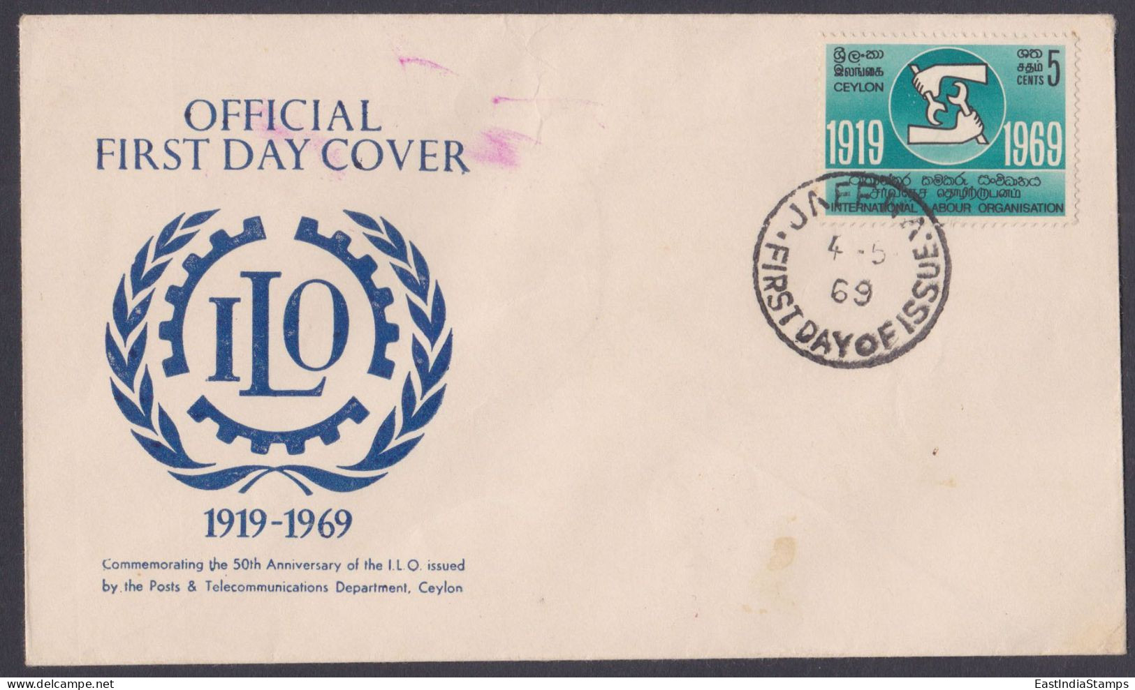 Sri Lanka Ceylon 1969 FDC ILO International Labour Union, First Day Cover - Sri Lanka (Ceylan) (1948-...)