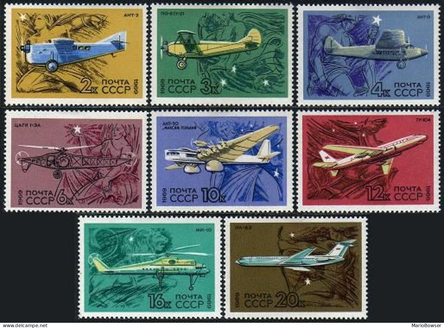 Russia 3673-3680 Blocks/4,MNH.Michel 3700-3707. History Of Aeronautics.1969. - Nuevos