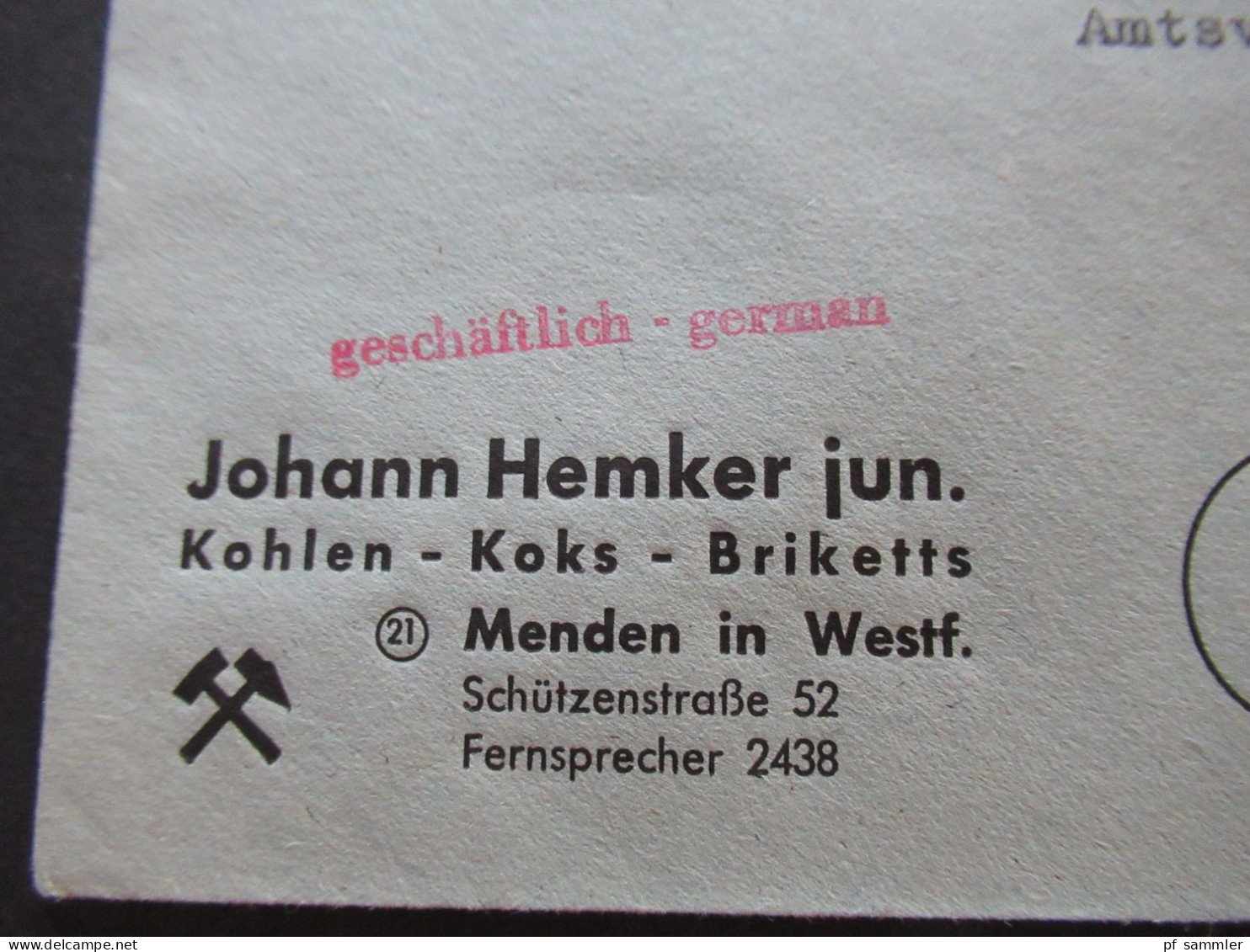 30.8.1948 Bizone Netzaufdruck Nr.42 II EF Firmen Umschlag Johann Hemker Jun. Kohlen, Koks, Briketts In Menden Westfalen - Covers & Documents