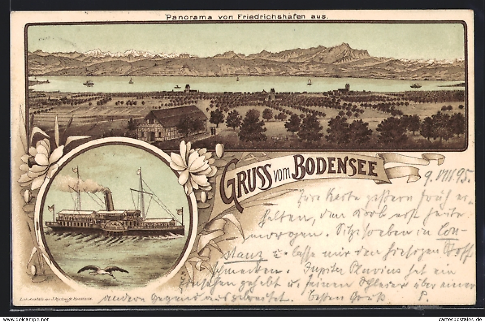 Vorläufer-Lithographie Friedrichshafen, 1895, Panorama Vom Bodensee, Dampfer Kaiser Franz Josef I.  - Friedrichshafen