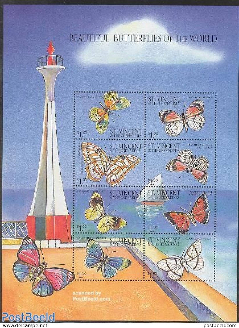 Saint Vincent 2001 Butterflies 8v M/s (lighthouse On Border), Mint NH, Nature - Various - Butterflies - Lighthouses & .. - Fari
