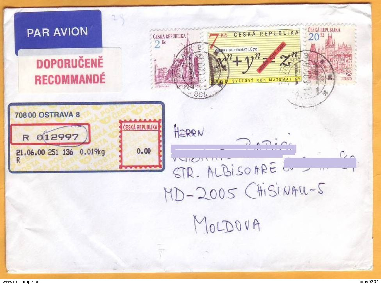 2000 Czech Republic - Moldova  R-letter  Luftpost Used - Briefe U. Dokumente