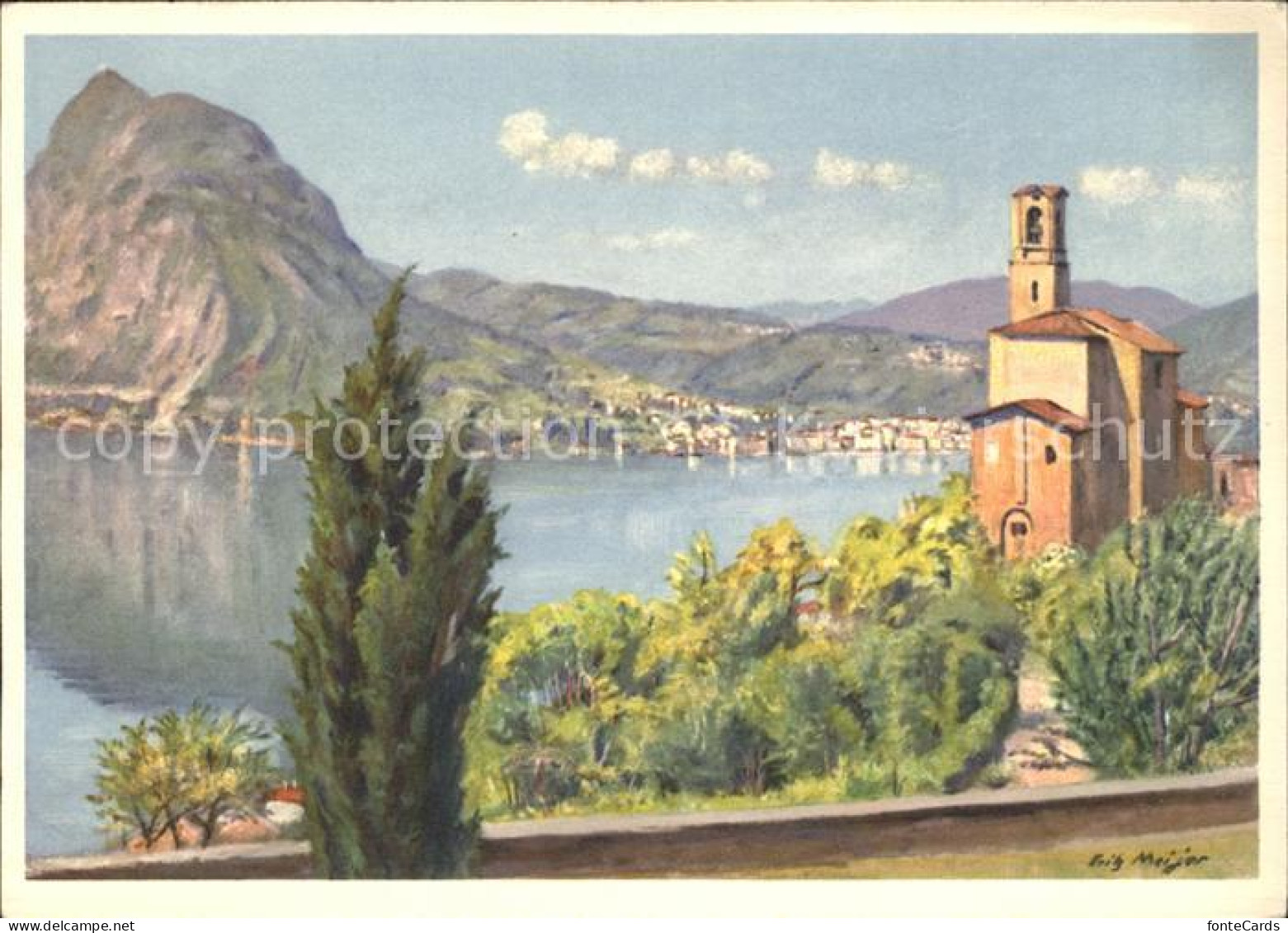 11654594 Castagnola-Cassarate Panorama Kirche  Kuenstlerkarte Castagnola-Cassara - Sonstige & Ohne Zuordnung